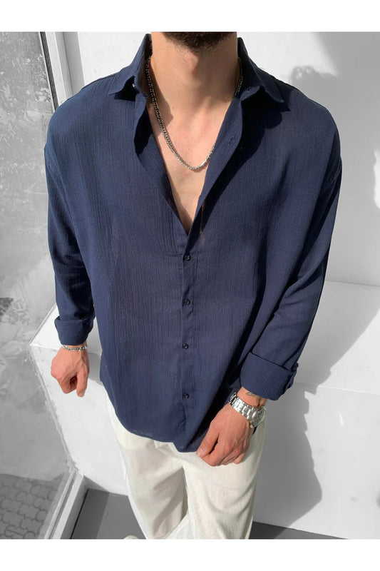 Erkek Oversize Uzun Kollu Yazlık Keten Gömlek