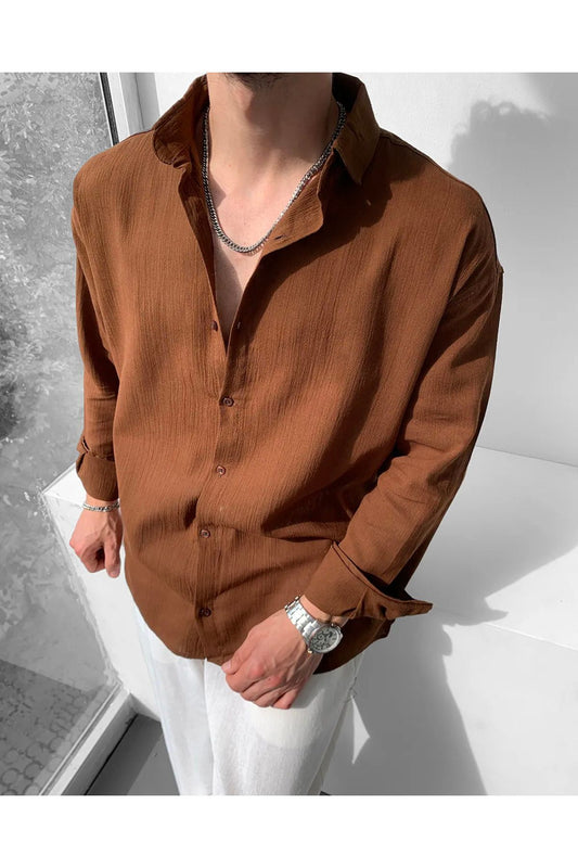 Erkek Oversize Uzun Kollu Yazlık Keten Gömlek
