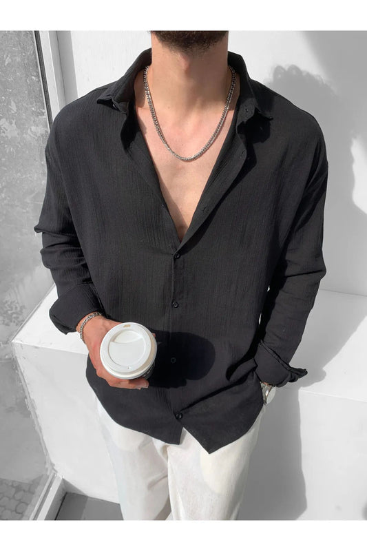 Erkek Oversize Uzun Kollu Yazlık Keten Gömlek