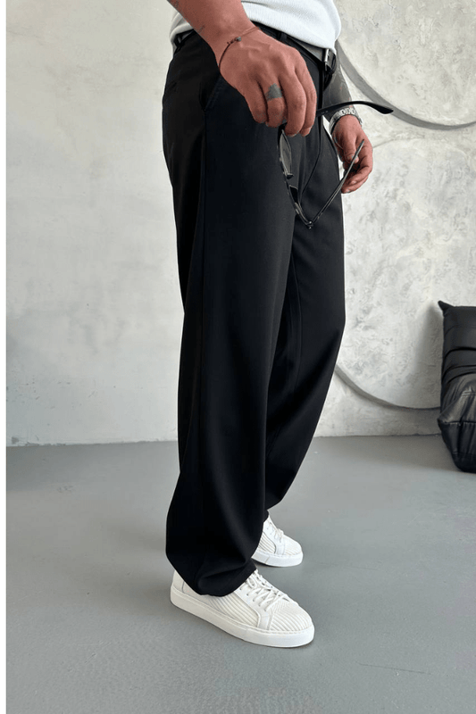 MAGICALFASHION Erkek Siyah Baggy Kumaş Yazlık Rahat Pantolon