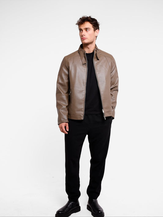 MAGICALFASHION Hakim Yaka Düz Fermuarlı Camel (Vizon) Erkek Suni Deri Ceket