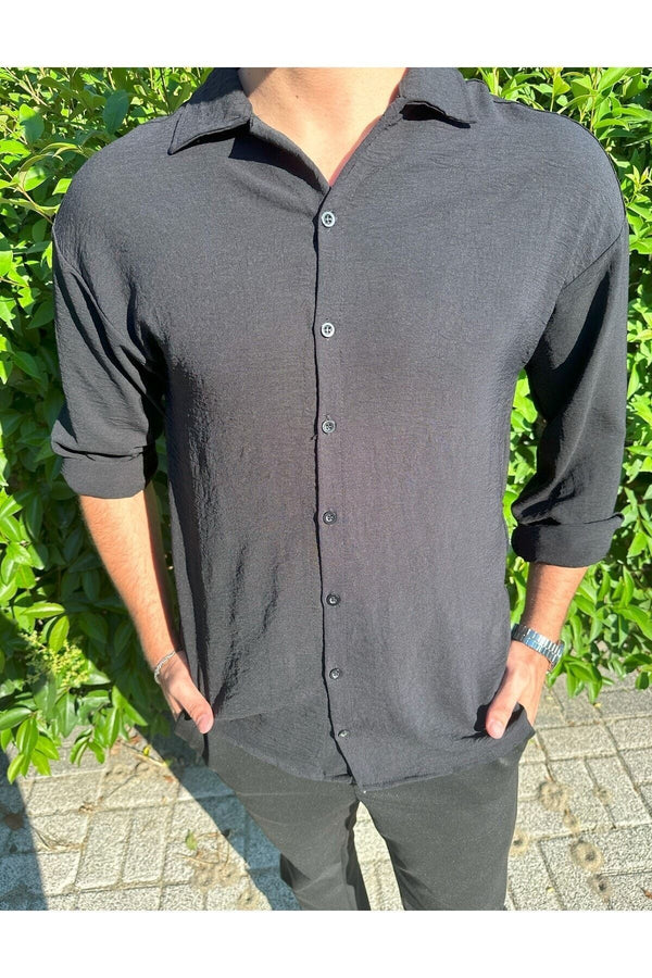 Erkek Siyah Kırışmayan Oversize Yazlık Gömlek
