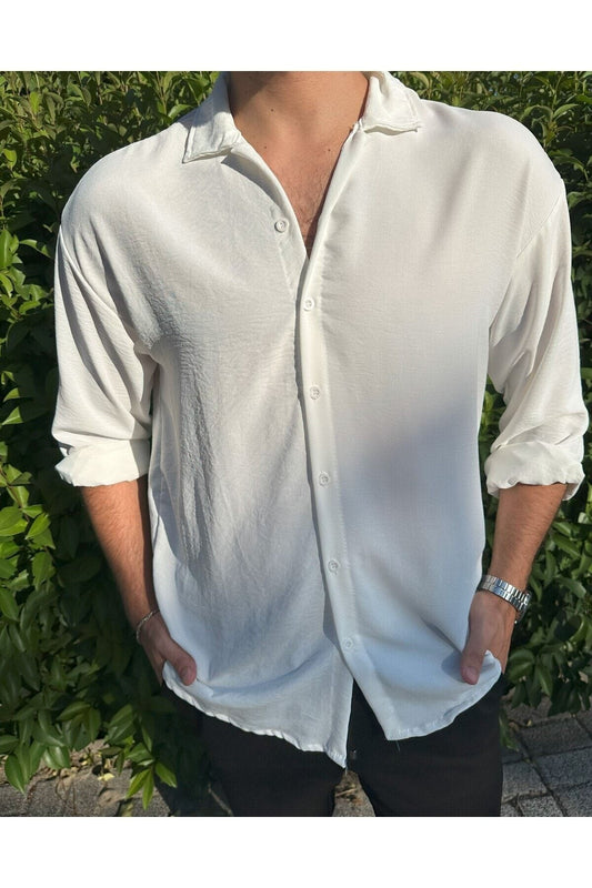 Erkek Beyaz Kırışmayan Oversize Yazlık Gömlek