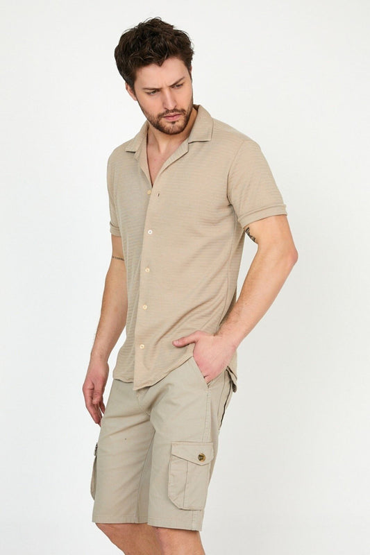 Erkek Gömlek Slim Fit Apaş Yaka Çizgi Desenli Kısa Kollu Gömlek Yazlık Gömlek