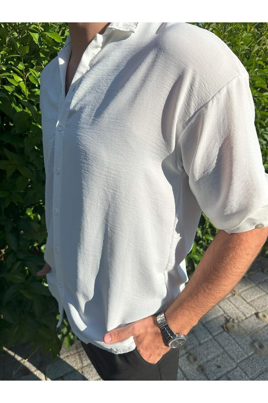 Erkek Beyaz Kırışmayan Oversize Yazlık Gömlek