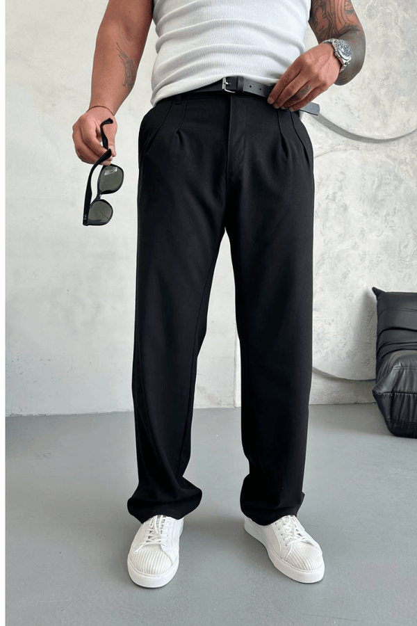 MAGICALFASHION Erkek Siyah Baggy Kumaş Yazlık Rahat Pantolon